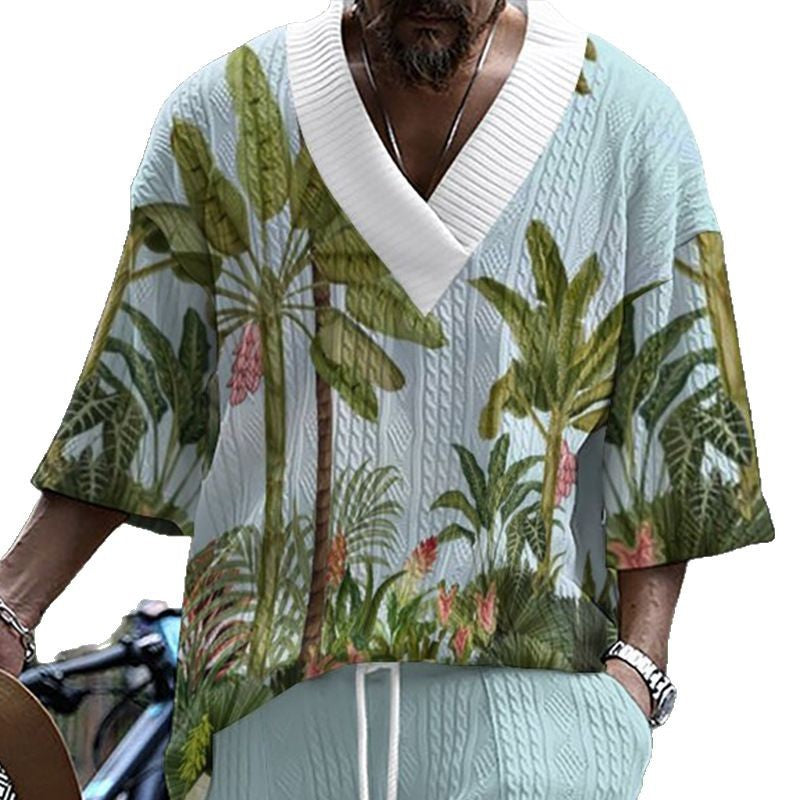 Herren lässiges Kurzarm-Shirt mit tropischem Palmenmotiv und V-Ausschnitt Echoarchiv