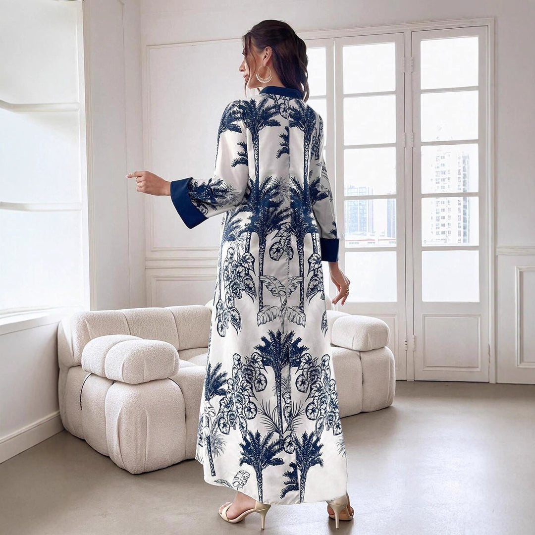 Damen Maxikleid in Satinoptik mit Palmenprint, Stehkragen und weitem 3/4-Ärmel – Valéora