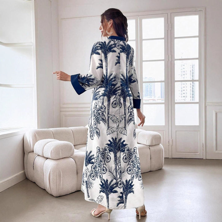 Damen Maxikleid in Satinoptik mit Palmenprint, Stehkragen und weitem 3/4-Ärmel – Valéora