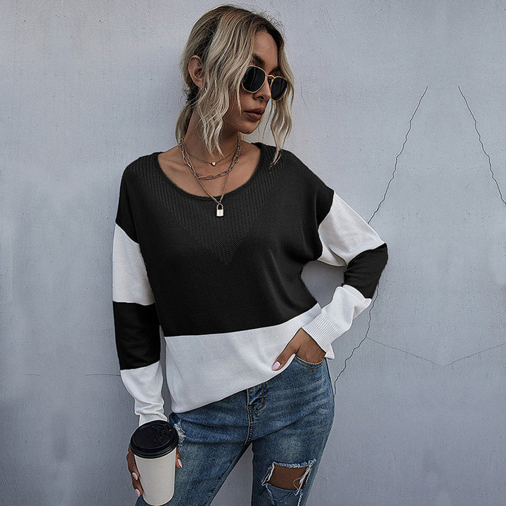 Damen Lässiger Strickpullover mit V-Ausschnitt und Farbblock Echo Archiv