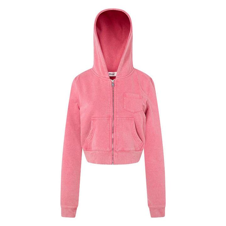 Damen Kurz geschnittene Kapuzen-Sweatjacke mit durchgehendem Reißverschluss im Boxy-Schnitt und Brusttasche Echoarchiv