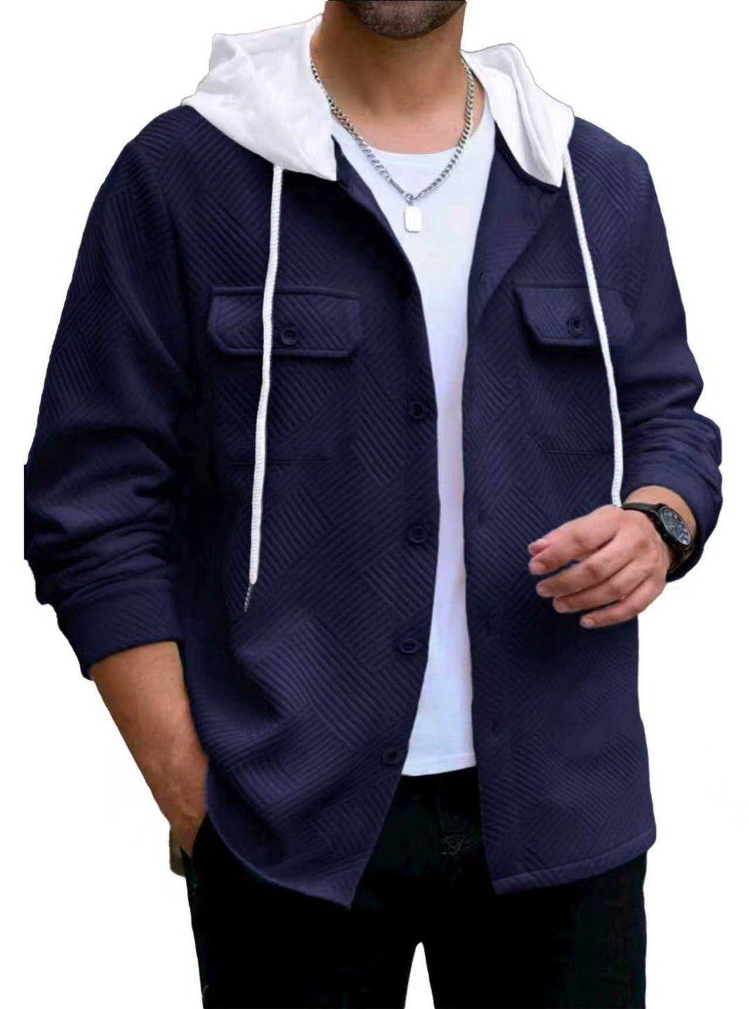 Herren nan strukturierte Overshirtjacke mit gesteppter Diagonalstruktur, Kontrastkapuze und aufgesetzten Brustklappen Echo Archiv