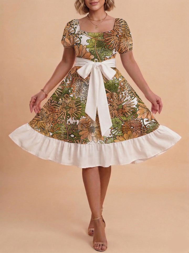 Damen modernes Blumenkleid mit elegantem Taillengürtel und asymmetrischem Saum Echo Archiv