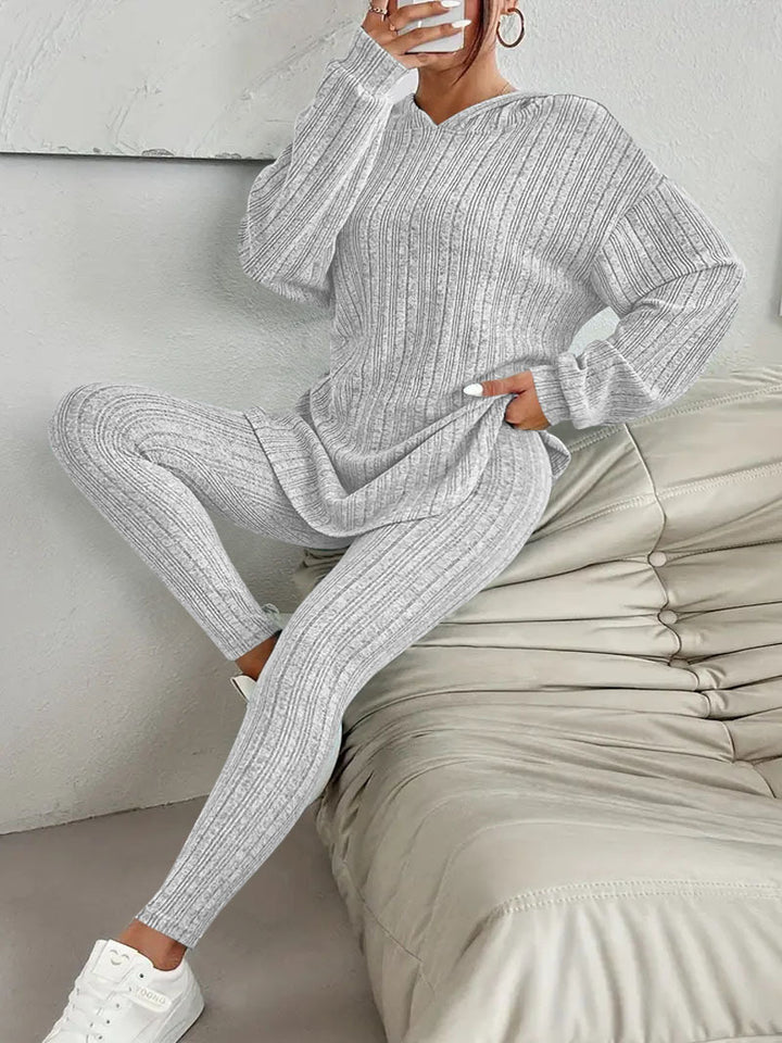 Damen Geripptes Feinstrick‑Loungewear‑Set mit Kapuzenpullover und hochtaillierten Leggings Echoarchiv