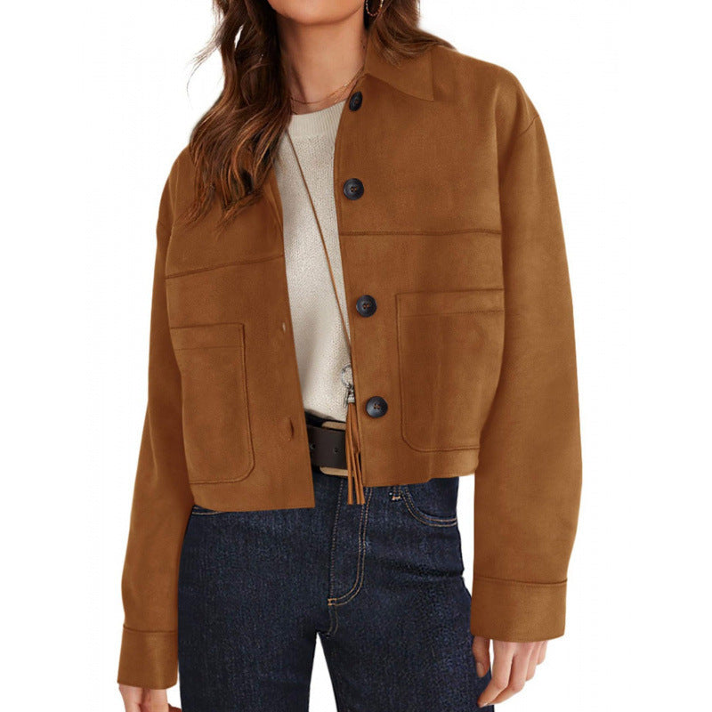 Damen kurze Wildleder-Optik Jacke mit aufgesetzten Taschen und Hemdkragen Echo Archiv