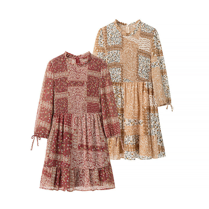 Damen Patchwork-Rüschen-Minikleid mit Smock-Bustier und Volantstufen Echo Archiv