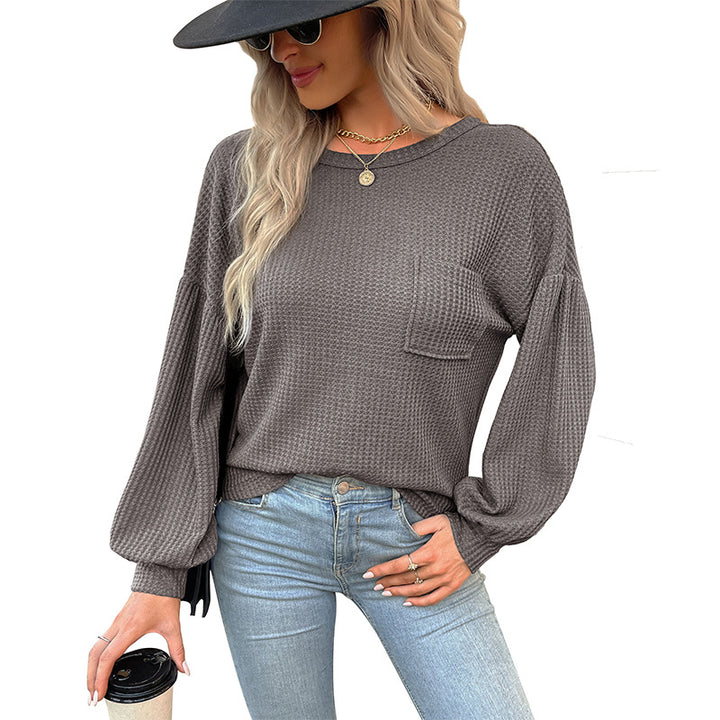 Damen Waffelstrick-Langarmshirt mit Oversize-Brusttasche und Ballonärmeln Echoarchiv