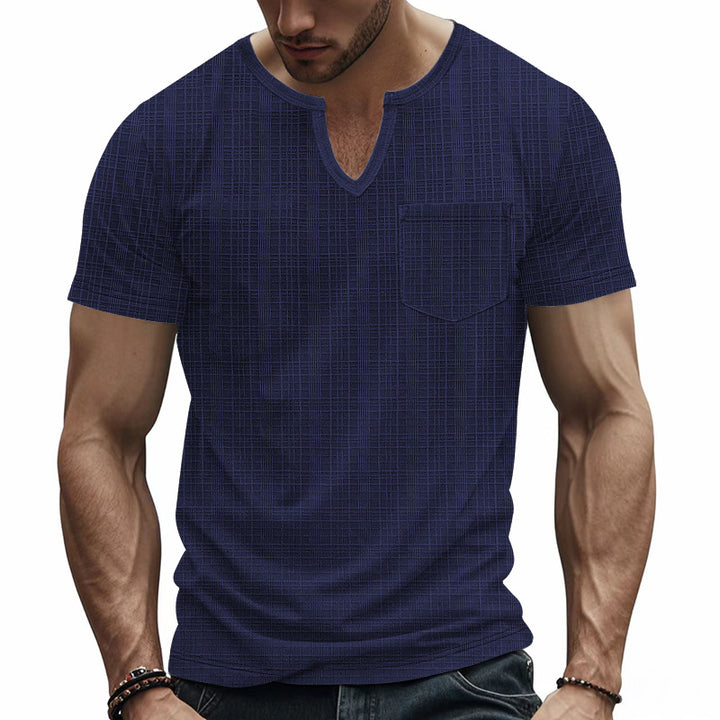 Herren nan Kurzarmshirt mit geschlitztem V-Ausschnitt strukturierter Leinenoptik und aufgesetzter Brusttasche Echo Archiv