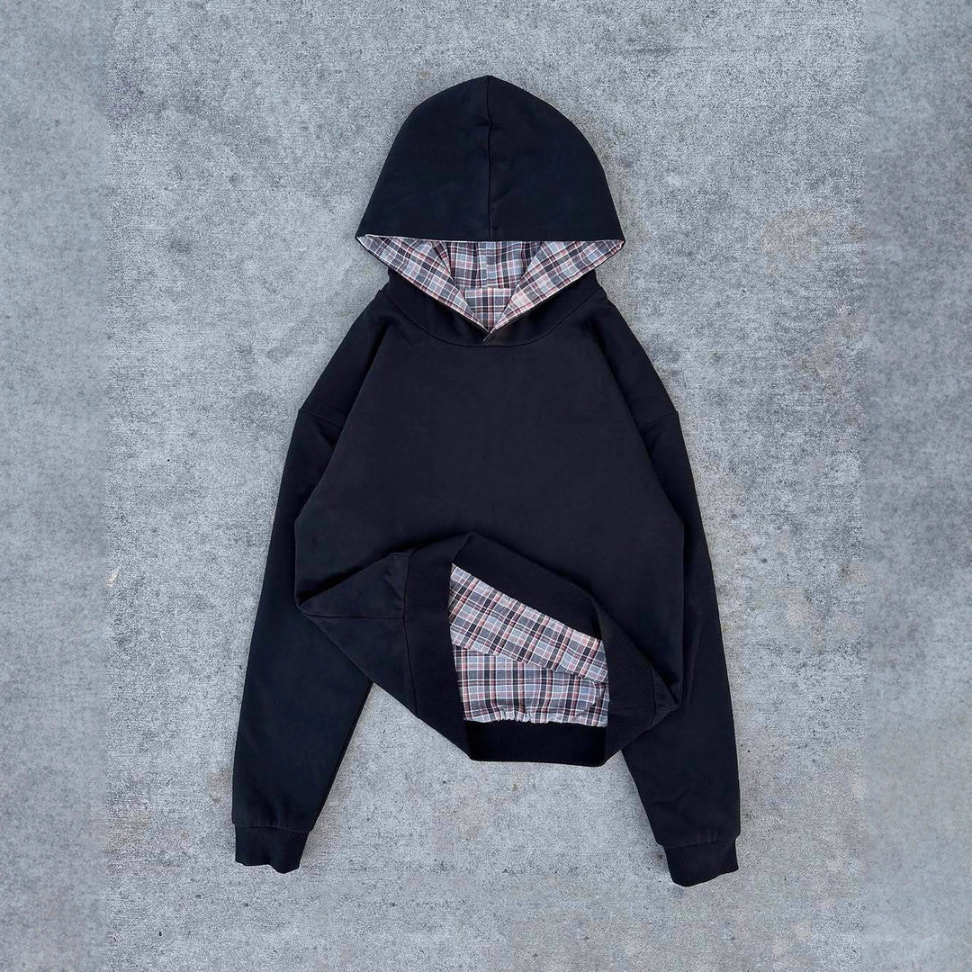 Damen nan kurz geschnittenes Kapuzensweatshirt mit kariertem Flanellfutter und Kängurutasche Echo Archiv