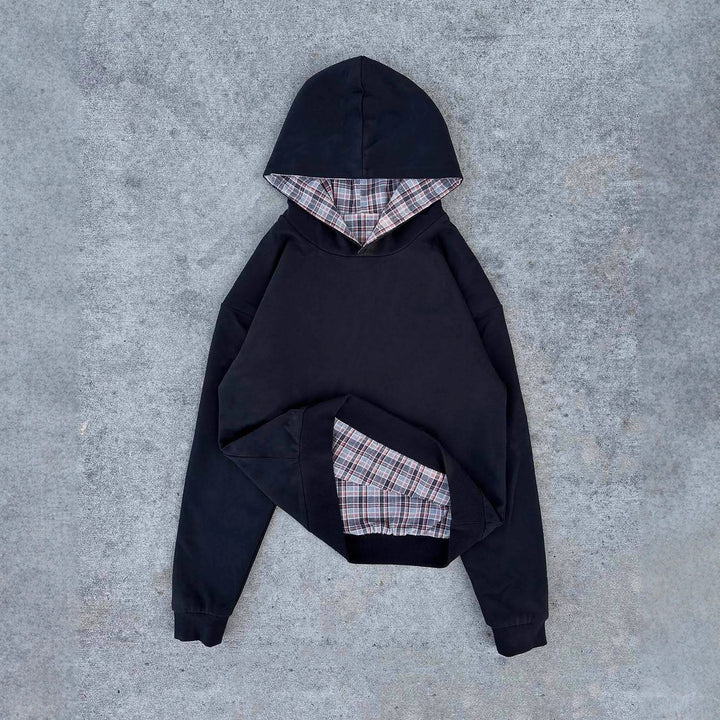 Damen nan kurz geschnittenes Kapuzensweatshirt mit kariertem Flanellfutter und Kängurutasche Echo Archiv