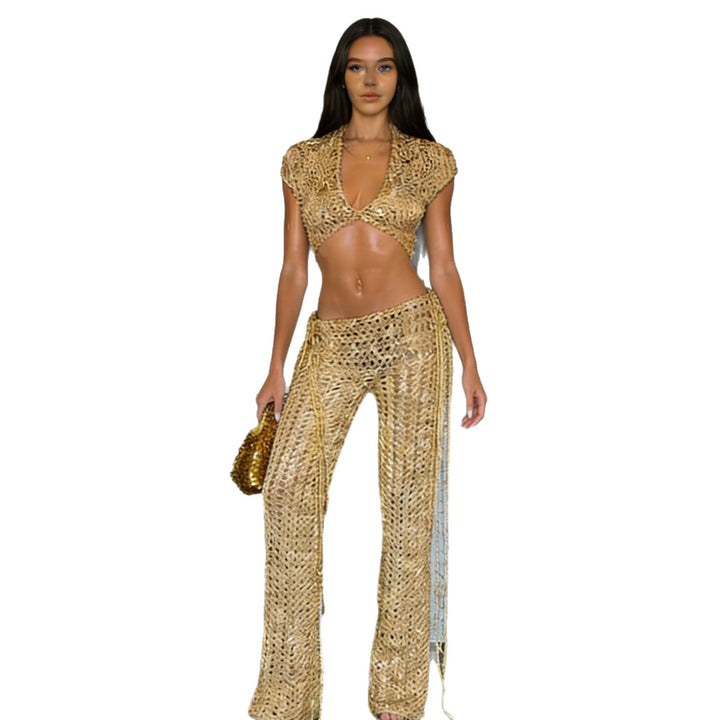 Damen Modisches Set mit netzartigem Oberteil und weitem Hose Echo Archiv