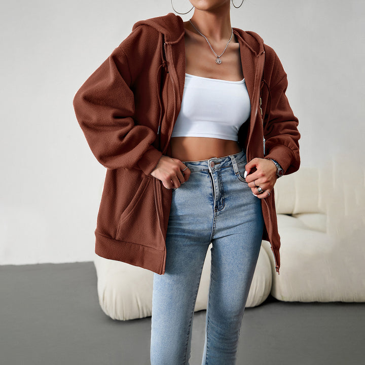 Damen kuscheliger Teddy-Fleece Zip-Hoodie mit Kapuze, tiefer Schulterpassform und Kängurutaschen – Auréline