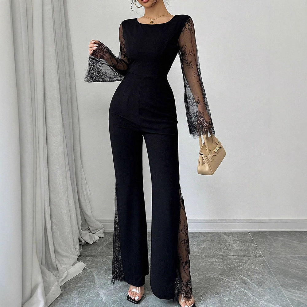 Damen Eleganter Jumpsuit mit schimmernder Spitze und weitem Bein Echo Archiv