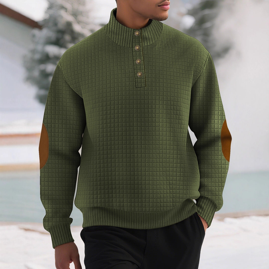 Herren modischer Stehkragenpullover mit strukturiertem Design und Lederapplikationen Echoarchiv