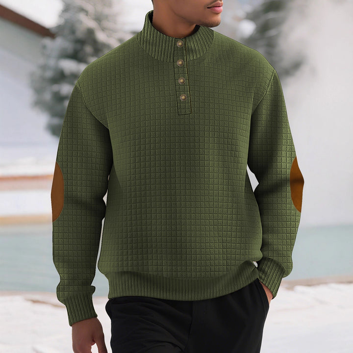 Herren modischer Stehkragenpullover mit strukturiertem Design und Lederapplikationen Echoarchiv