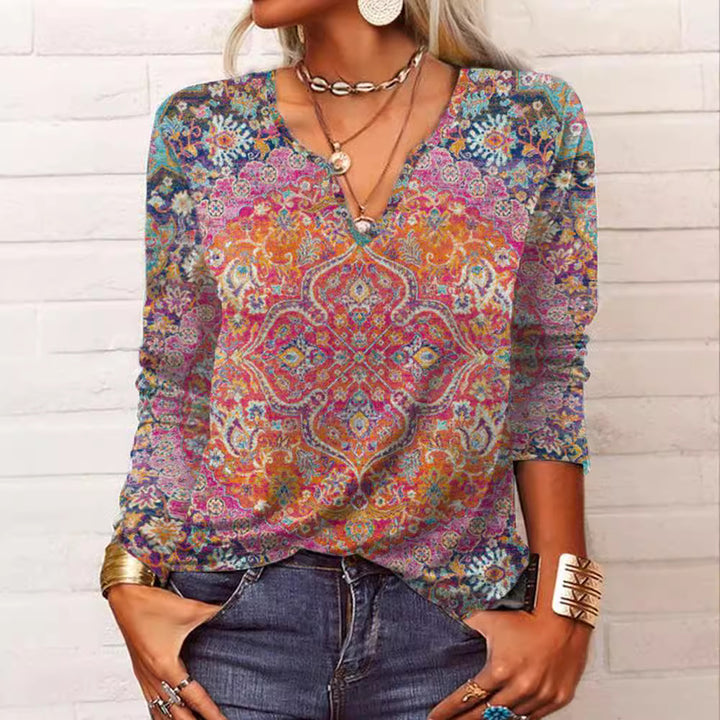 Damen Boho-Print V-Ausschnitt Tunika-Shirt – Avérine