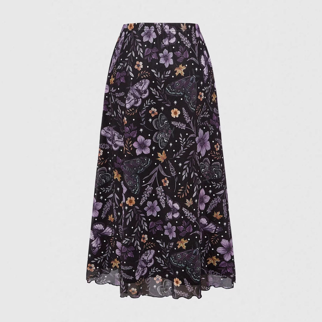 Damen Midirock aus Chiffon mit Blumen- und Schmetterlingsprint und elastischem Bund – Avérine