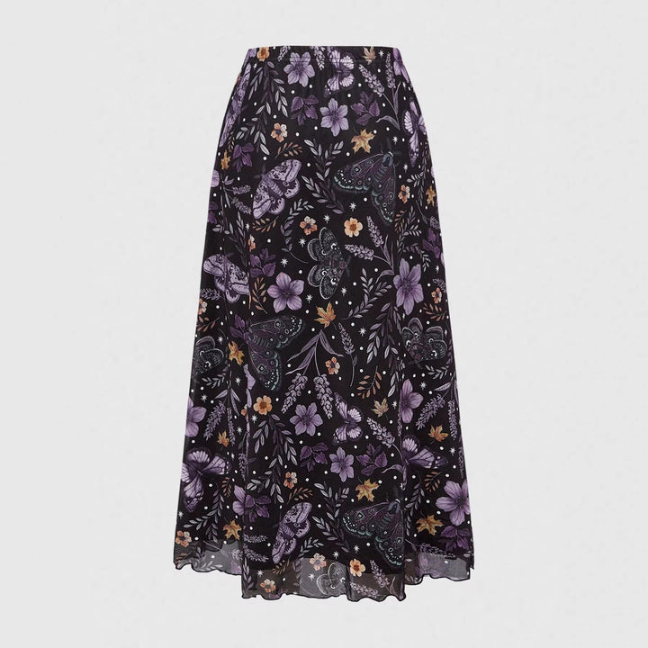 Damen Midirock aus Chiffon mit Blumen- und Schmetterlingsprint und elastischem Bund – Avérine
