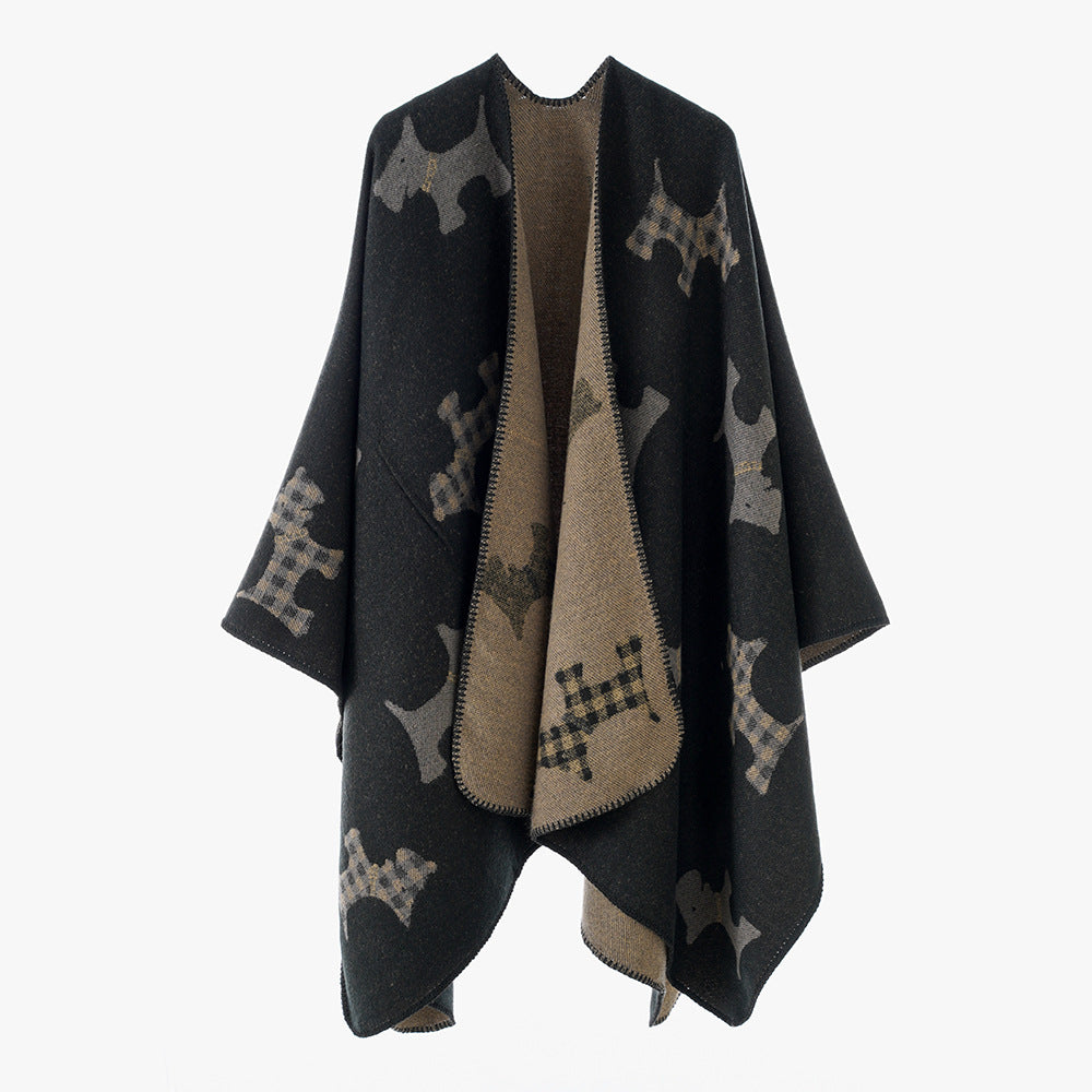 Damen Reversibler Wollmix-Umhang mit Terrier-Jacquardmuster – Avérine