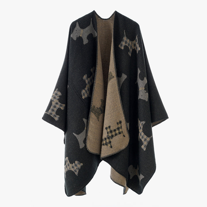 Damen Reversibler Wollmix-Umhang mit Terrier-Jacquardmuster – Avérine