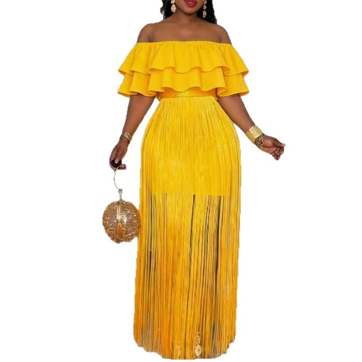 Damen Elegantes Off-Shoulder Kleid mit voluminösem Rüschensaum und fransigem Design Echo Archiv