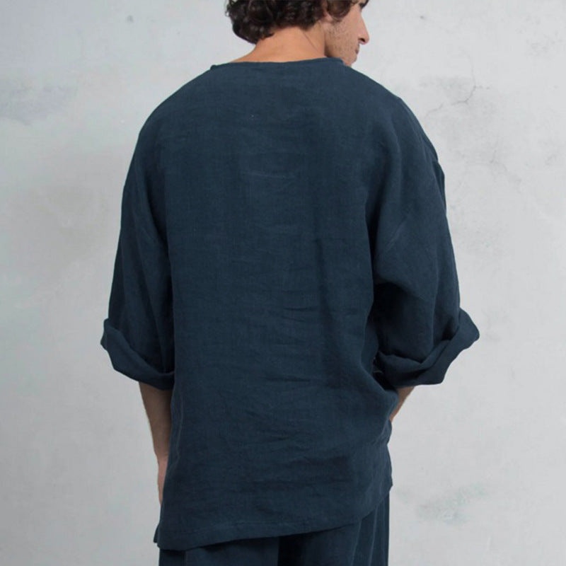 Herren lässiges Leinenoberteil mit Henley-Ausschnitt und praktischer Kängurutasche Echoarchiv