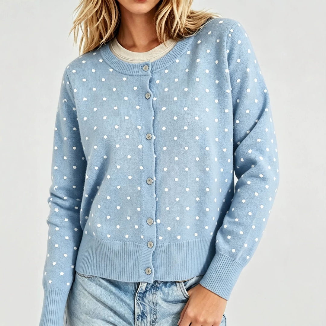 Damen Gepunktete Feinstrick-Cardigan mit Rundhals und Rippbündchen – Veloura