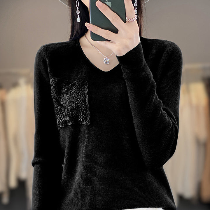 Damen Kaschmir‑Optik V‑Ausschnittpullover mit floraler Häkelapplikation Echoarchiv
