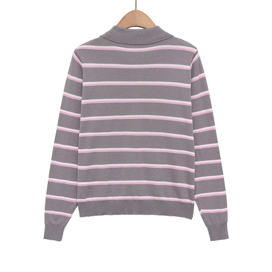 Damen Gestreifter Feinstrick-Polo-Pullover mit Knopfleiste und Rippbündchen Echo Archiv