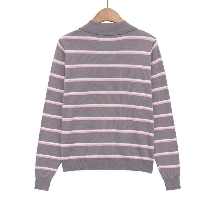 Damen Gestreifter Feinstrick-Polo-Pullover mit Knopfleiste und Rippbündchen Echo Archiv