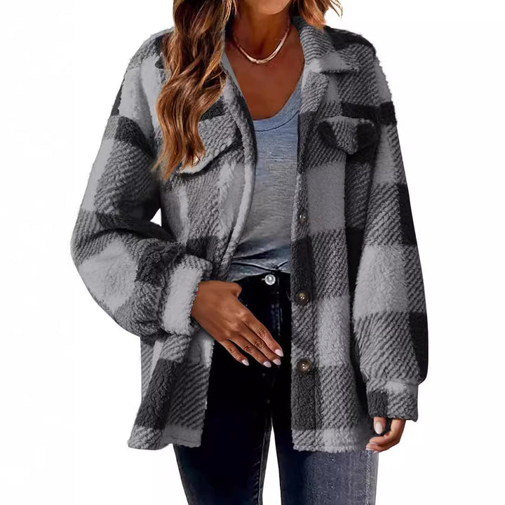 Damen nan kuschelige Sherpa-Karo-Übergangsjacke mit Brusttaschen und großzügigem Oversize-Schnitt Echo Archiv