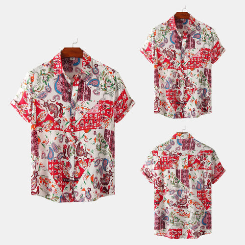 Herren Kurzarmhemd mit kreativem Patchwork-Muster und atmungsaktiver Baumwolle Echoarchiv