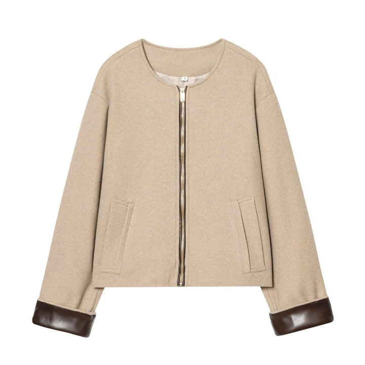 Damen kurzes Wollmix-Blouson mit Rundhalsausschnitt goldfarbenem Reißverschluss und Lederbesatz an Manschetten – Célinea