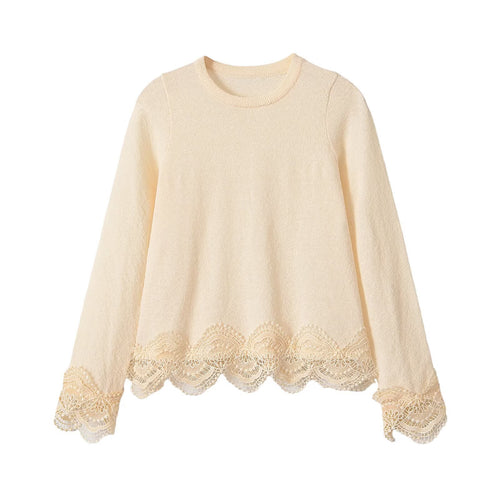 Damen Feinstrickpullover mit Spitzenbesatz und Bogenkante Echoarchiv