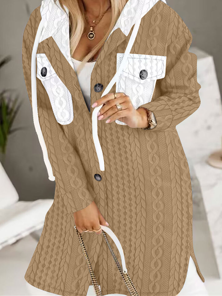 Damen Longline-Strickmantel mit Kapuze, Zierknöpfen und Kontrasttaschen – Montévia