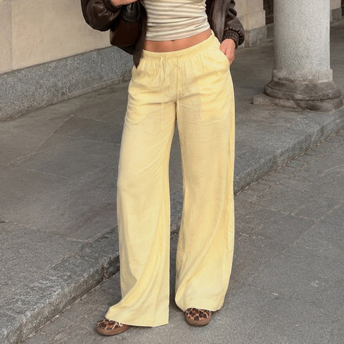 Damen Leinen-Loungehose mit weitem Bein, Tunnelzug und Seitentaschen – Avélisse