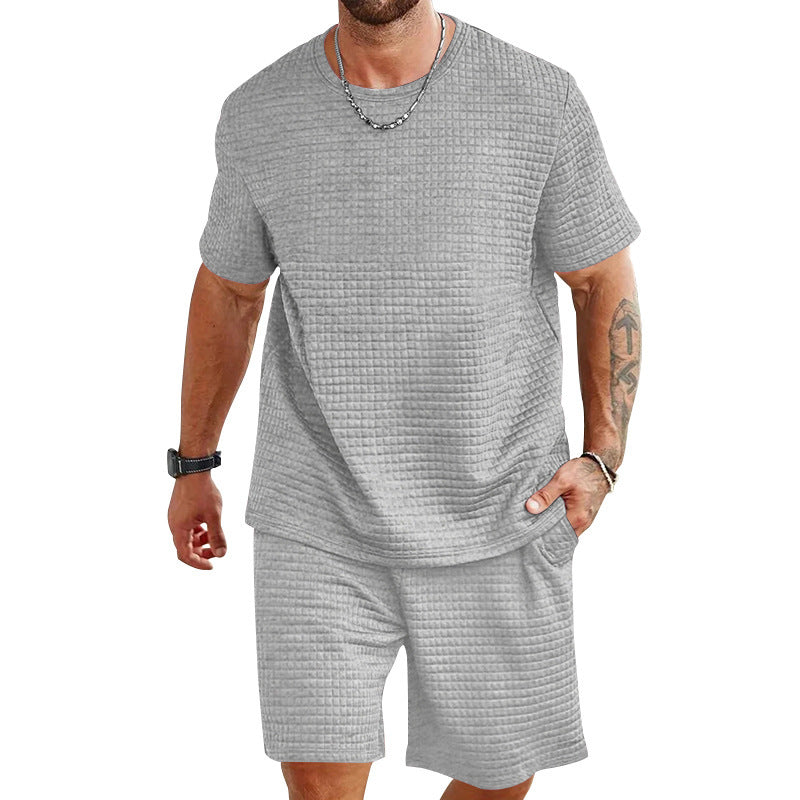 Herren nan leichter Freizeit-Zweiteiler in Waffelstruktur mit Rundhals-T-Shirt und komfortablen Shorts Echoarchiv