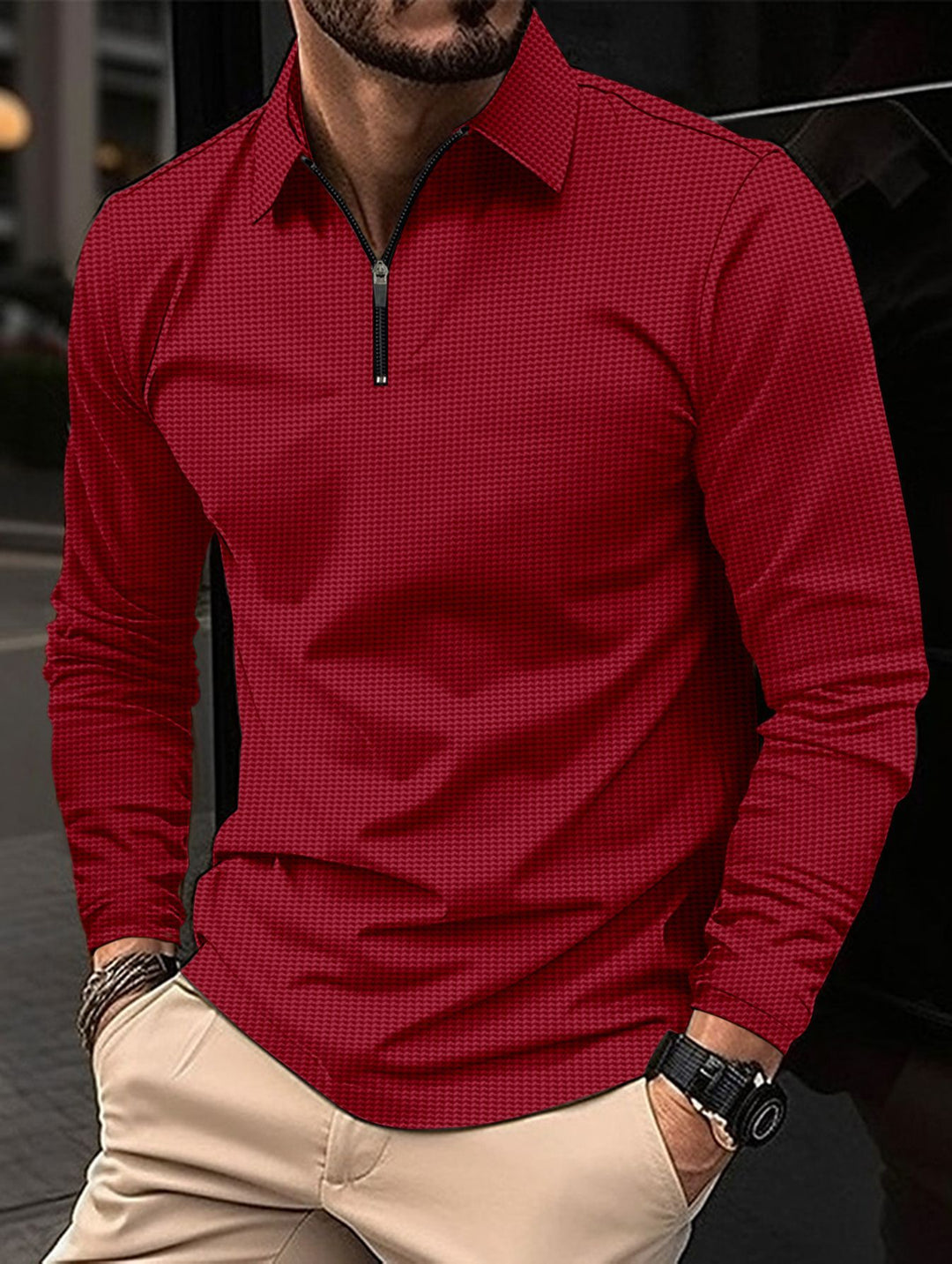 Herren Langarmshirt mit modernem Stehkragen und stylischem Reißverschluss Echoarchiv