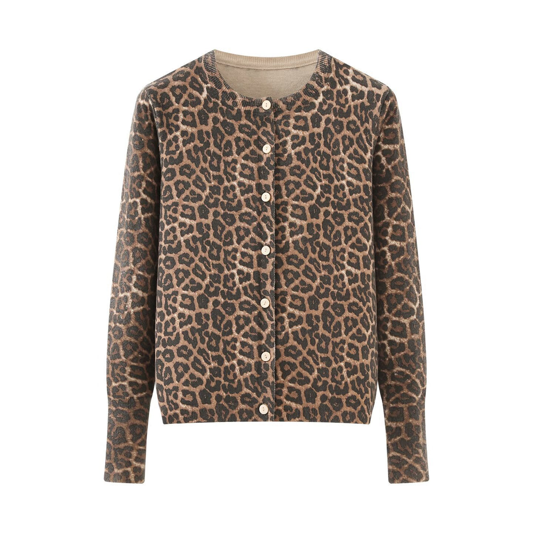 Damen Feinstrick-Cardigan mit Leoprint, Rundhals und durchgehender Knopfleiste Echoarchiv