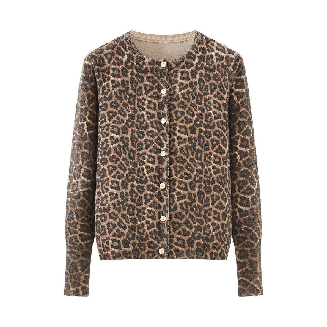 Damen Feinstrick-Cardigan mit Leoprint, Rundhals und durchgehender Knopfleiste Echoarchiv