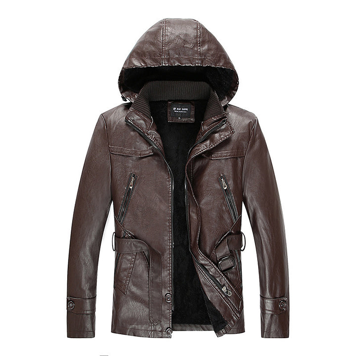 Herren Kunstlederjacke mit Kapuze, Teddyfutter und Gürtelschnalle – Valtoré