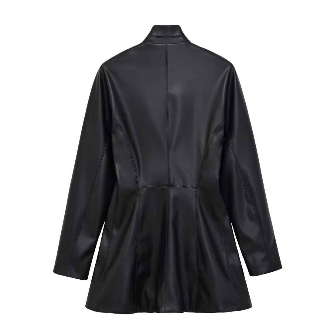 Damen Langer doppeltreihiger Blazer‑Mantel aus veganer Lederoptik mit Schalkragen Echoarchiv