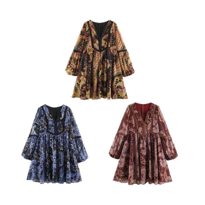 Damen Boho-Minikleid mit V-Ausschnitt, Spitzenbesatz und Ballonärmeln Echoarchiv