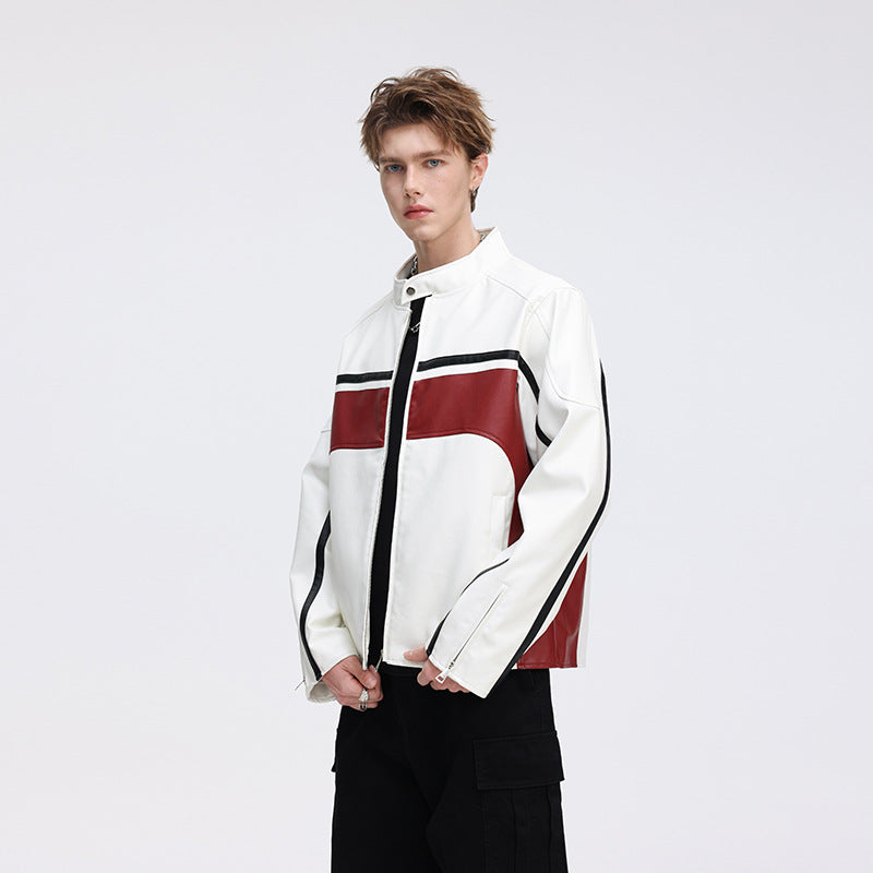 Herren Kunstleder-Bikerjacke mit Kontrastpaneelen und Stehkragen Echo Archiv