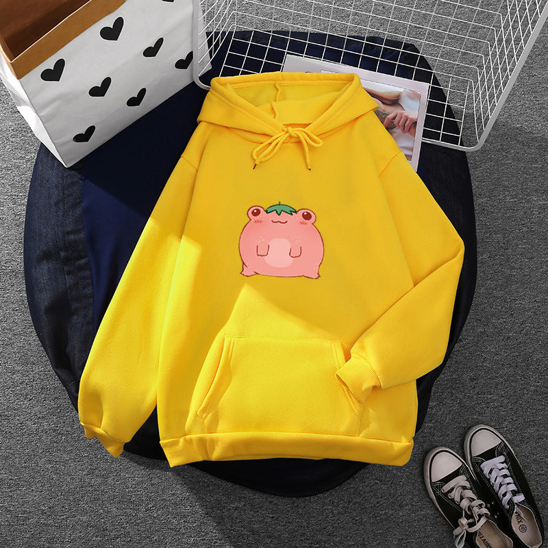 Damen oversized Kapuzenpullover aus Microfleece mit Cartoonfrosch-Motiv und Kängurutasche – Auréline
