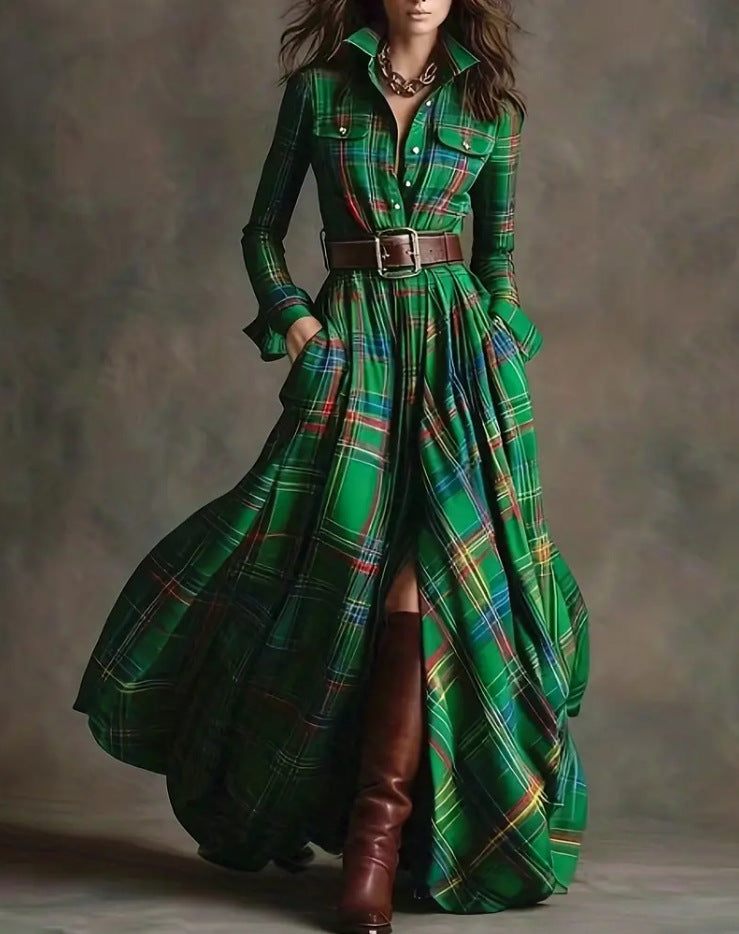 Damen nan karierte Maxikleid Hemdblusenkleid mit ausgestelltem Rock und breitem Taillengürtel Echo Archiv