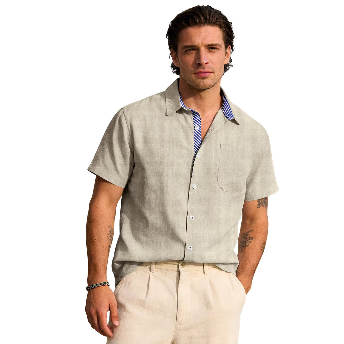 Herren Business-Casual Kurzarmhemd mit gestreiftem Kragenfutter und Brusttasche – Arvello
