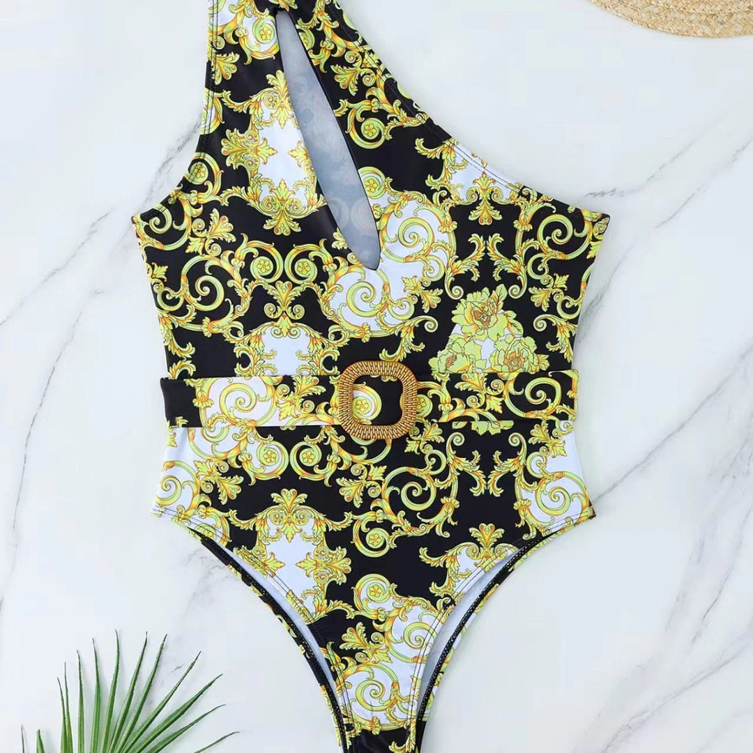 Damen Einteiler Badeanzug mit asymmetrischem Schnitt und elegantem Gürtel Echo Archiv