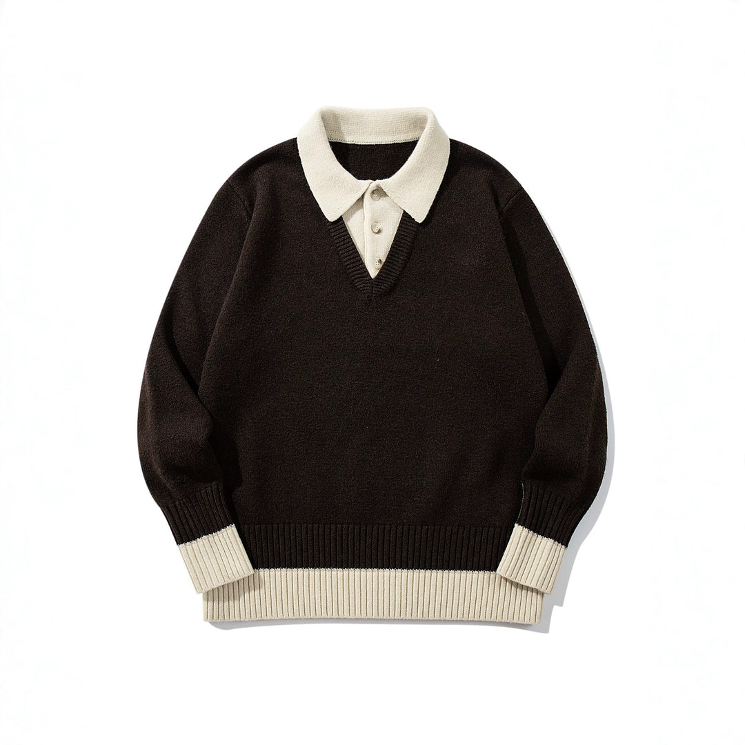 Herren Polokragen-Strickpullover mit Knopfleiste und kontrastierten Bündchen Echoarchiv