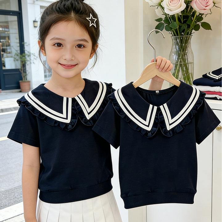 Mädchen T-Shirt mit elegantem Rüschenkragen und maritimem Streifen Echo Archiv